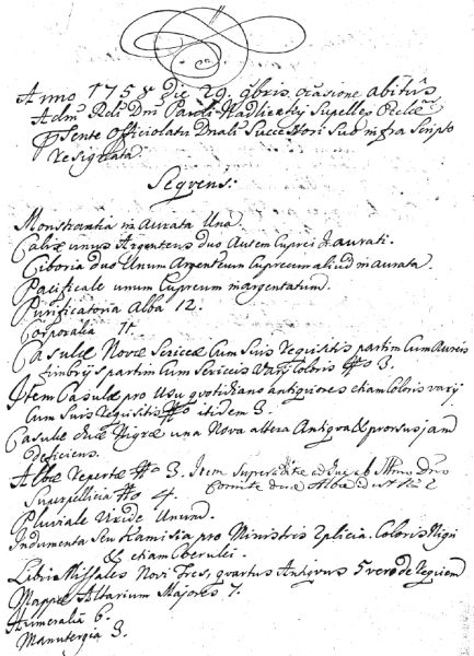 Inventárny súpis kostola z roku 1758 (fragment)